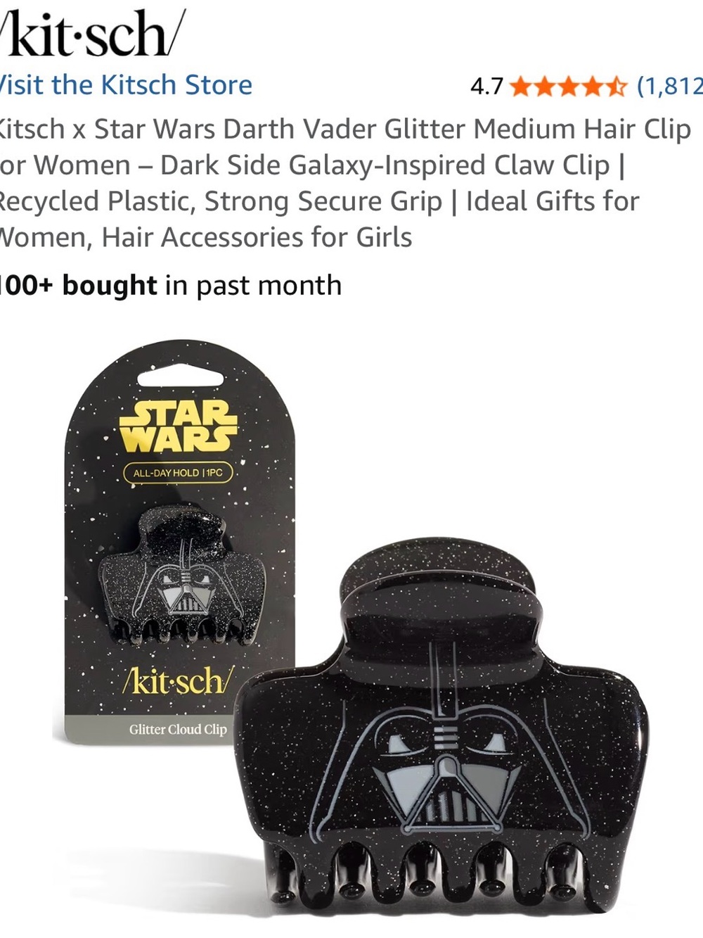 Kitsch Black Glitter Darth Vader Hair Claw Clip